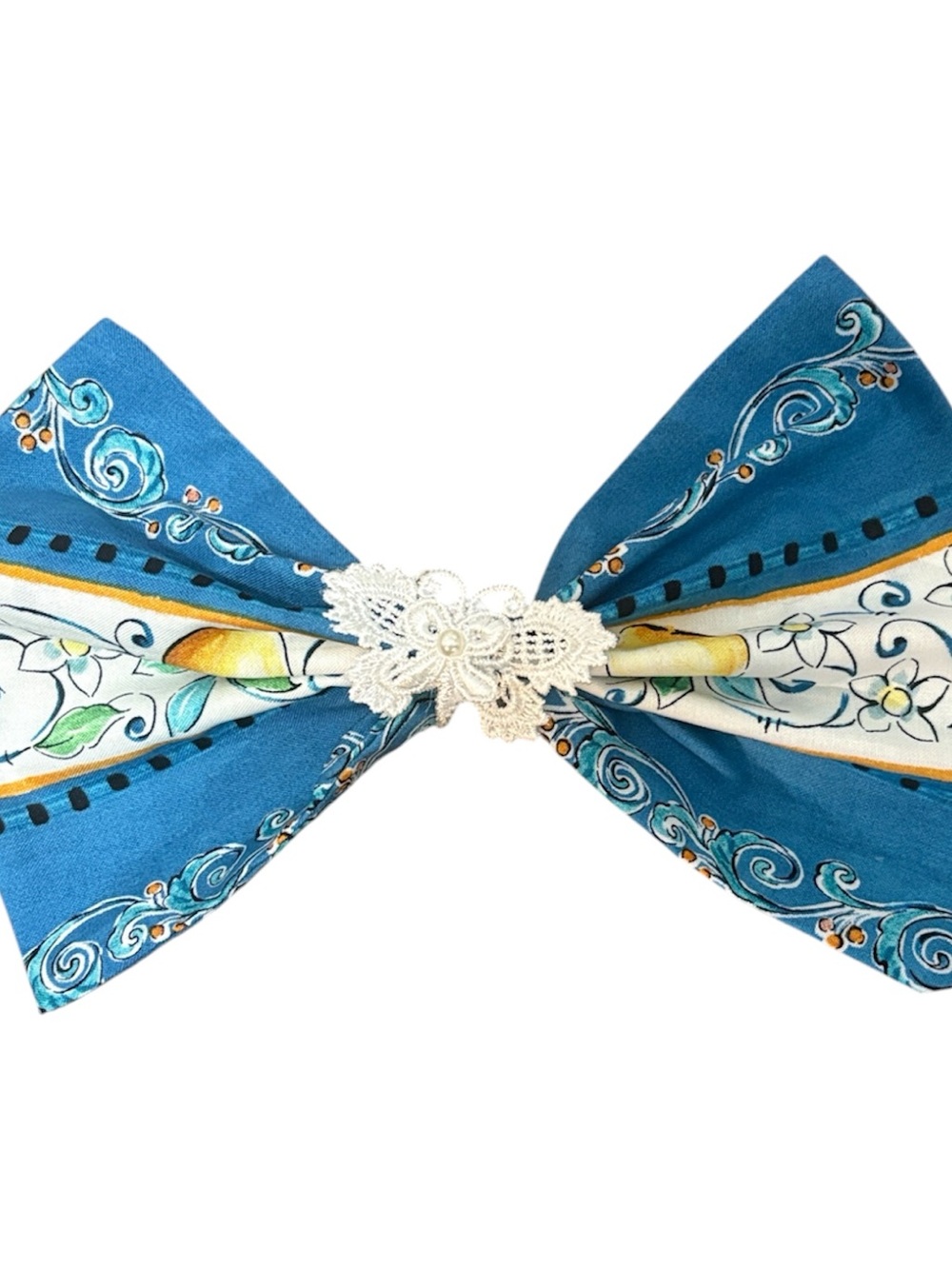 Blue Floral Bow Hair Clip with Lace Center